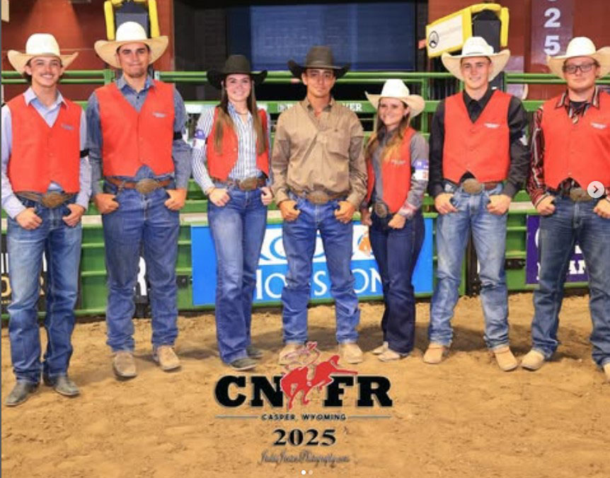 Fresno State College National FInals Rodeo qualifiers - Brayden Liberio, Tyler Jones, Emma Jensen, head coach Uhuru Adem, Sage Pearce, Tanner Kerr, Wilson Redfeairn (left-right), June 15-21, Casper, Wyoming.
