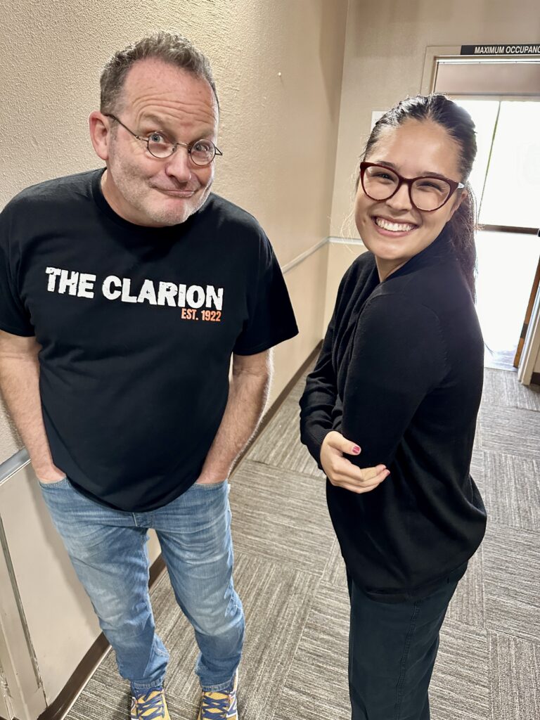 Fresno State staff member Victoria Cisneros Soto, right, meets up with her high school journalism mentor Forest Castle, who brings his Selma High students each year to the Young Writers’ Conference at Fresno State.

