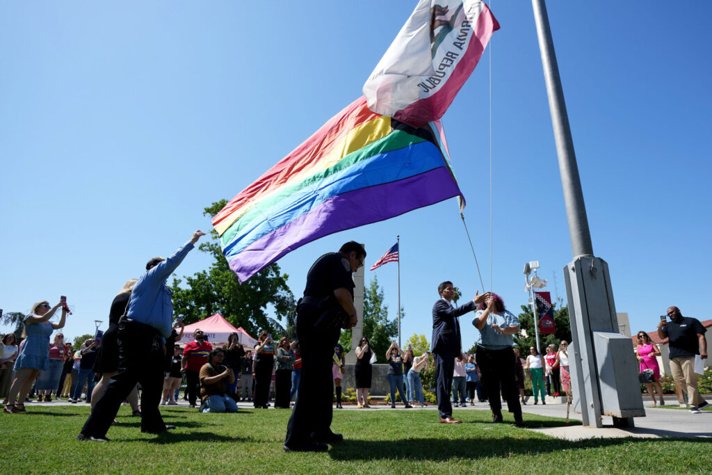 The Daniel Quasar Progress Pride Flag is raised beneath the California State Flag for 2025 Pride Month.