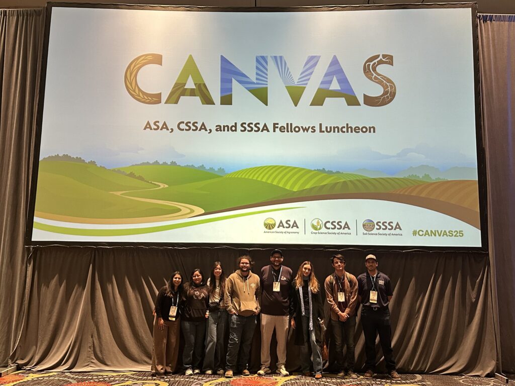 Fresno State plant science students (Andrea Contreras Cisneros, Will Dowling, Luke Alexander Fernandes, Cristian Gutierrez, Bryan Mendoza Torres, Mariela Pérez-García, Fatima Arellano Rodriguez and Alberto Tamayo) and faculty Dr. Sangeeta Bansal attend the Tri-Societies Conference in Salt Lake City, November 12, 2025, Copyright 2025.