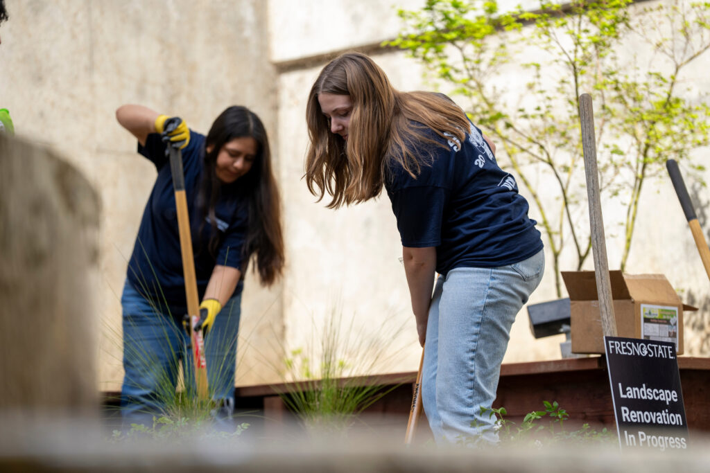 Students planting new vegetation at Peters Building fountain