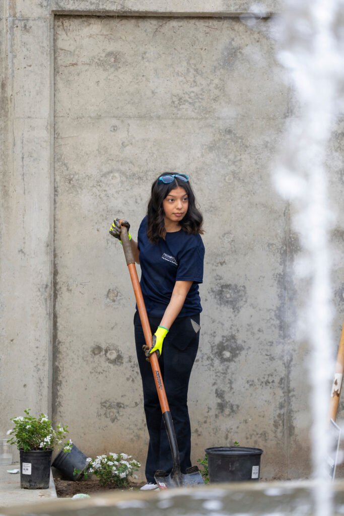 Student planting new vegetation at Peters Building fountain