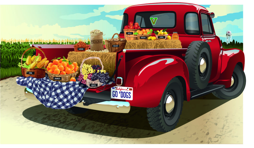 Illustration of a red truck with the bed open in a corn field. Hay bales are in the bak with bushels of fruits and vegetables. The license plate says Go 'Dogs.