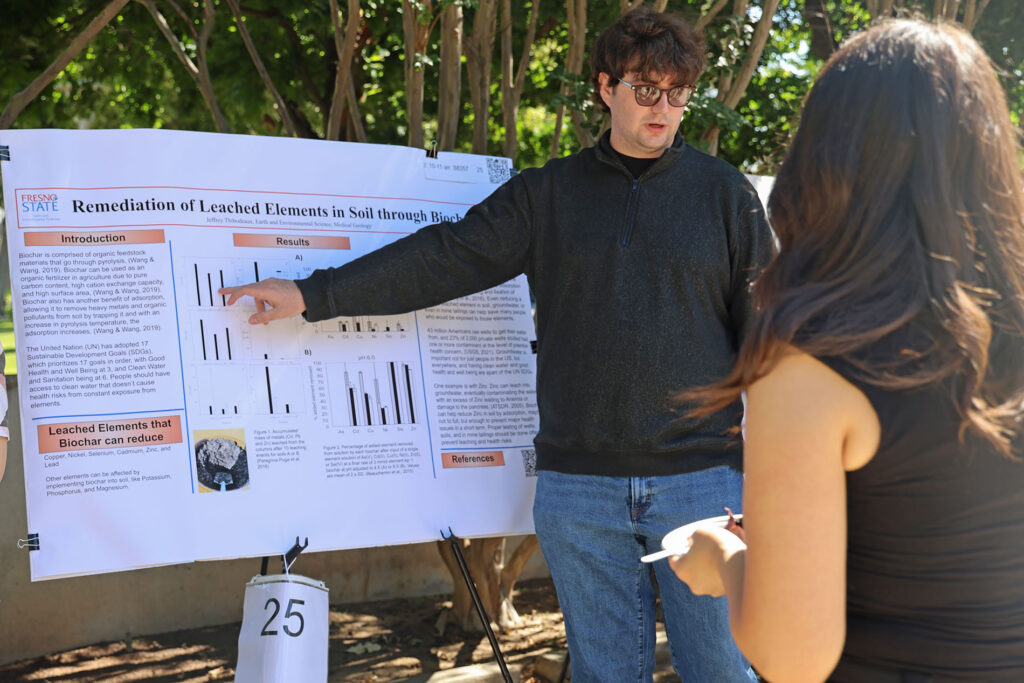 Student Jeffrey Thibodeaux presents his project "Remediation of Leached Elements in Soil through Biochemistry" at the spring 2026 Showcase of Excellence, presented by the College of Science and Mathematics at Fresno State.