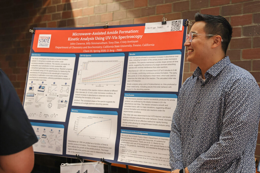 Student presents his project "Microwave-Assisted Amide Formation" at the spring 2026 Showcase of Excellence, presented by the College of Science and Mathematics at Fresno State.